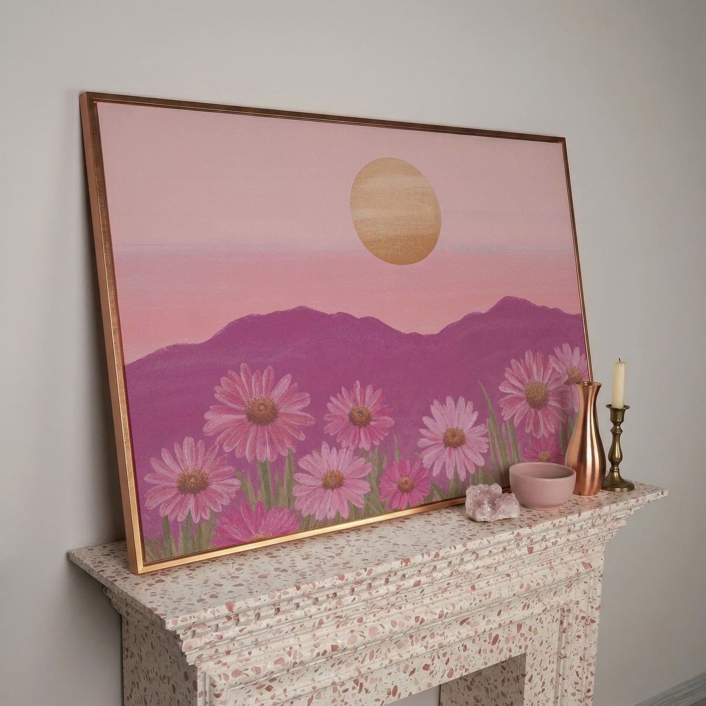Pink Daisy Field at Sunset Canvas Art in rose gold floating frame