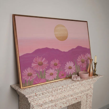 Pink Daisy Field at Sunset Canvas Art in rose gold floating frame