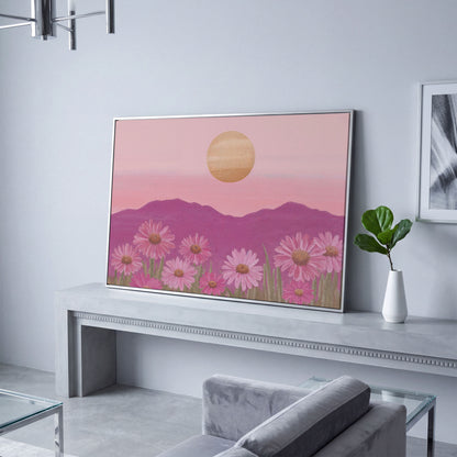 Pink Daisy Field at Sunset Canvas Art in silver floating frame