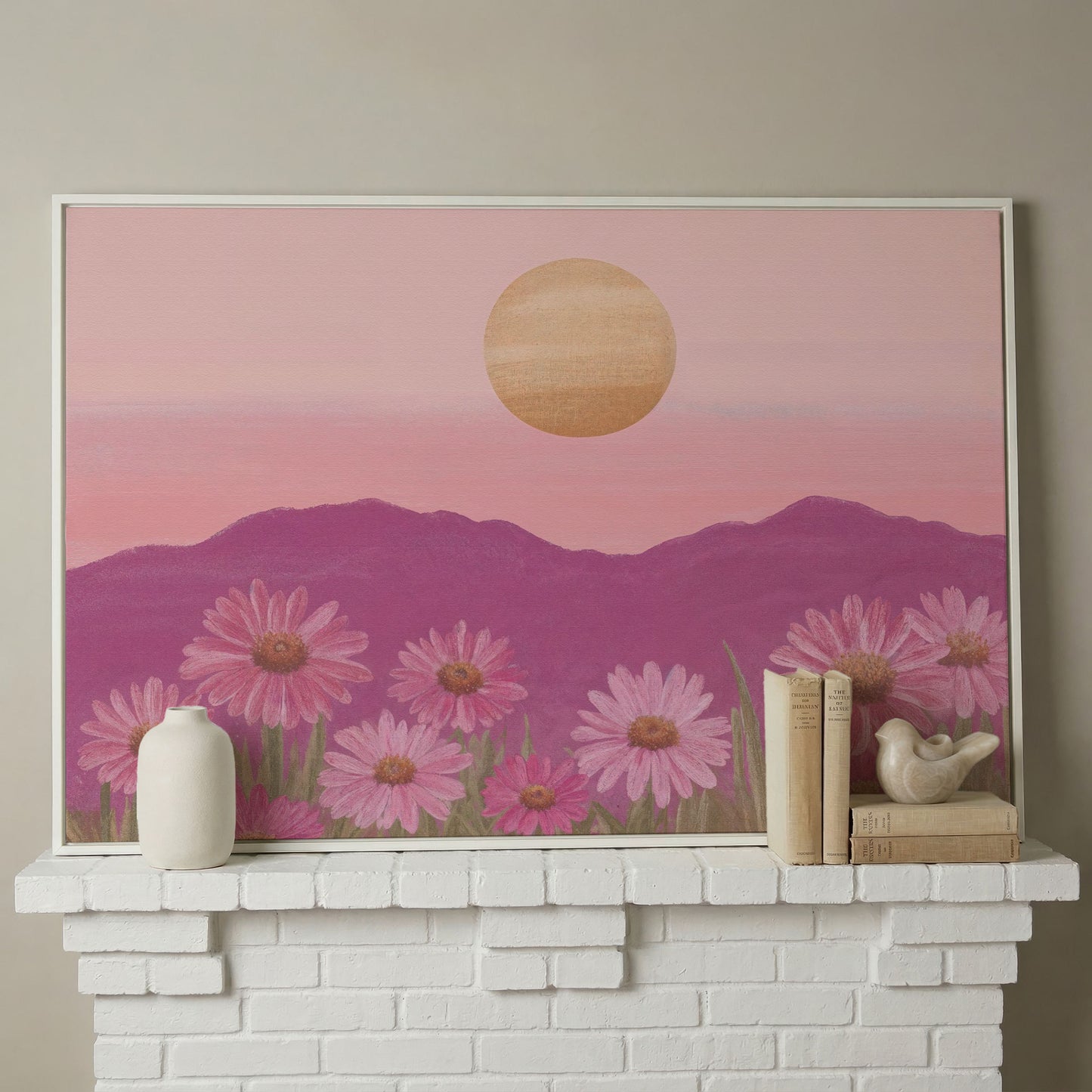 Pink Daisy Field at Sunset Canvas Art in white floating frame