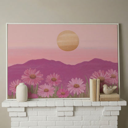 Pink Daisy Field at Sunset Canvas Art in white floating frame