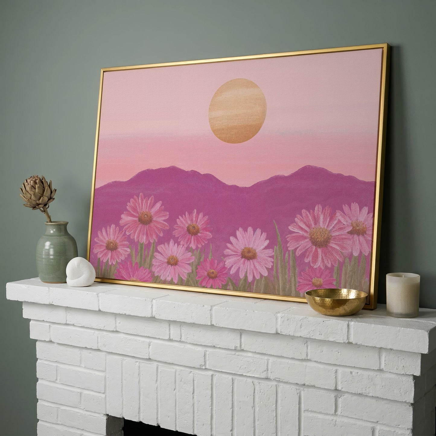 Pink Daisy Field at Sunset Canvas Art in yellow gold floating frame