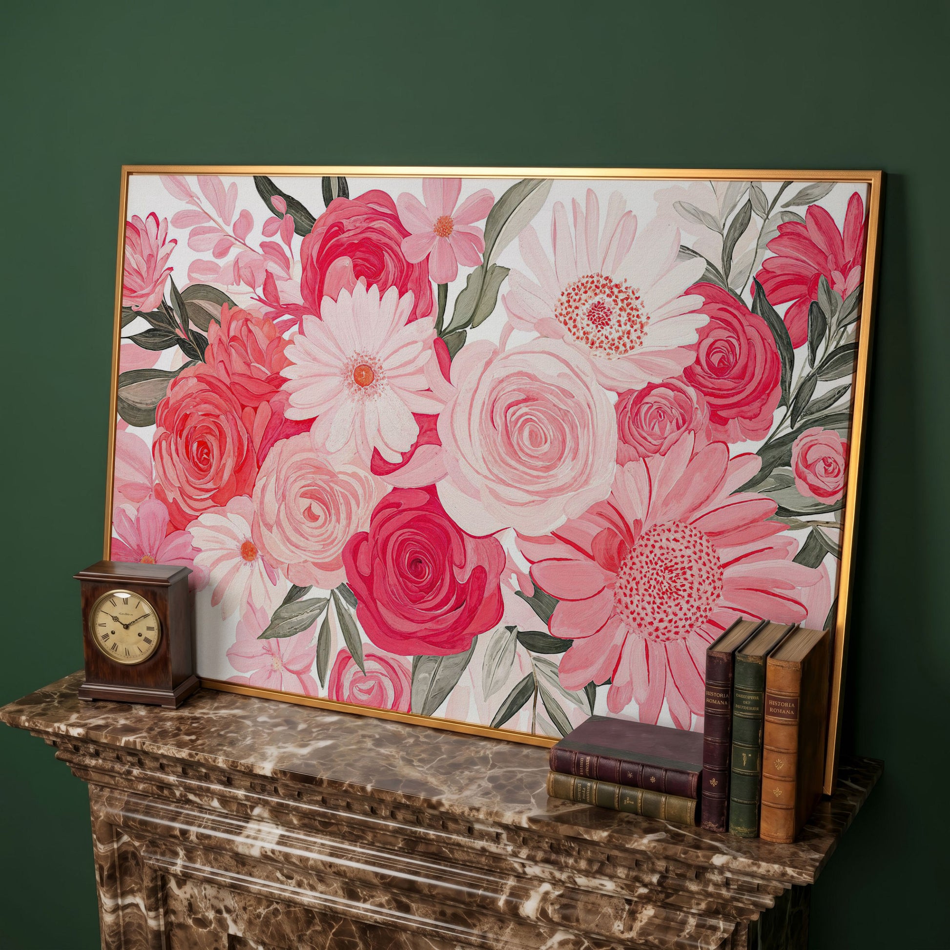 Pink Floral Bouquet Canvas in antique gold floating frame