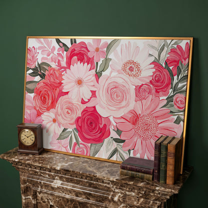 Pink Floral Bouquet Canvas in antique gold floating frame