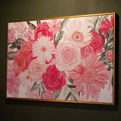 Pink Floral Bouquet Canvas shown in antique gold floating frame