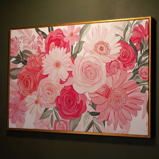 Pink Floral Bouquet Canvas shown in antique gold floating frame