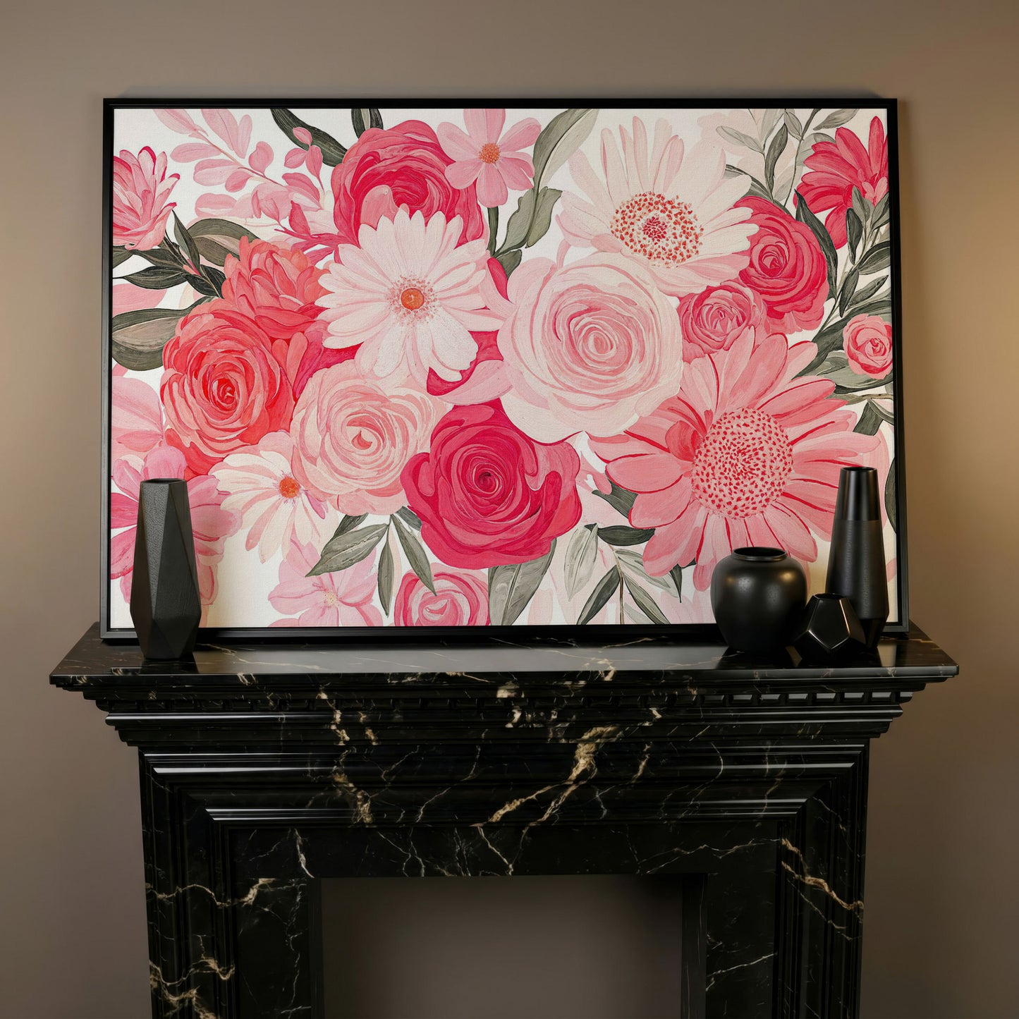 Pink Floral Bouquet Canvas in black floating frame