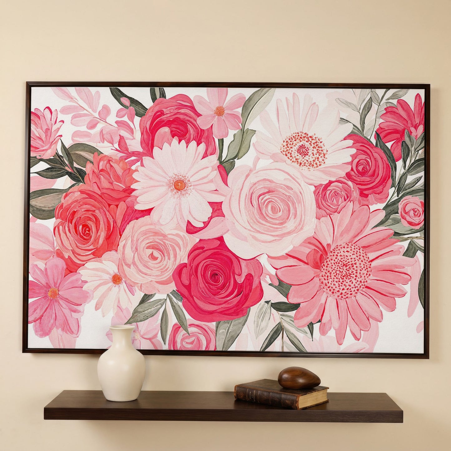 Pink Floral Bouquet Canvas in dark walnut floating frame