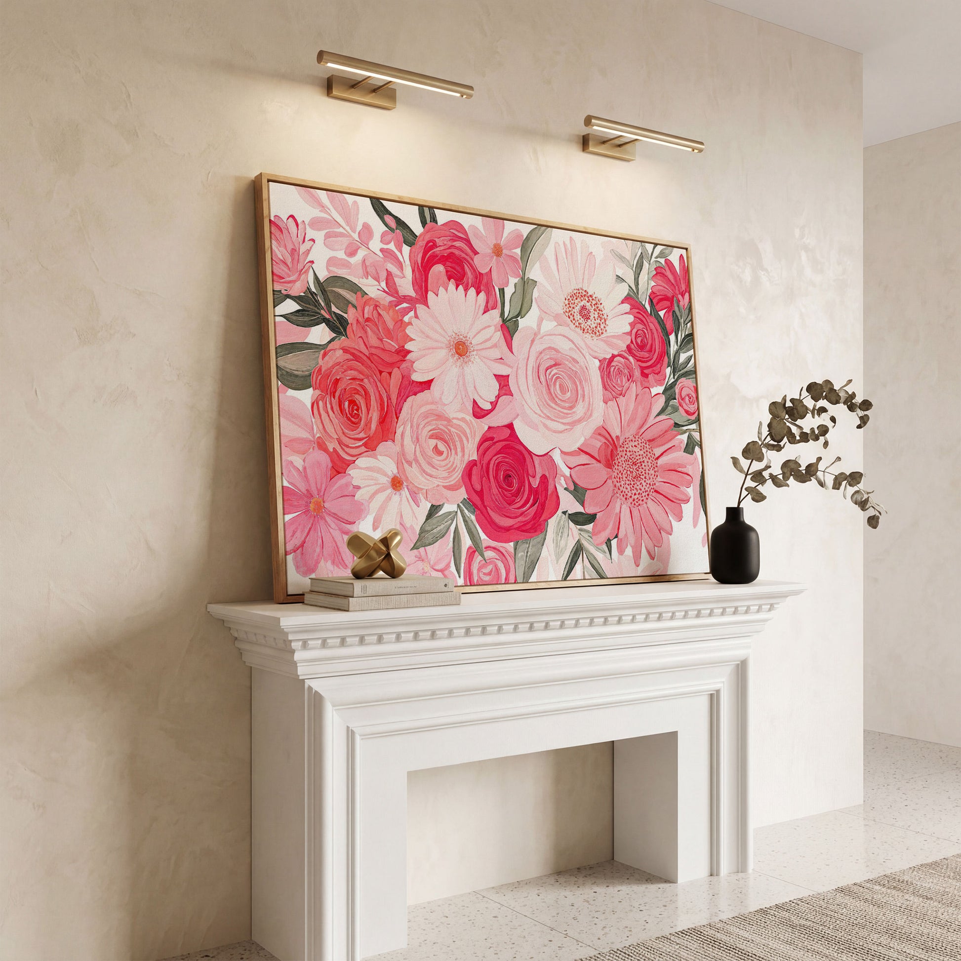 Pink Floral Bouquet Canvas in white oak floating frame