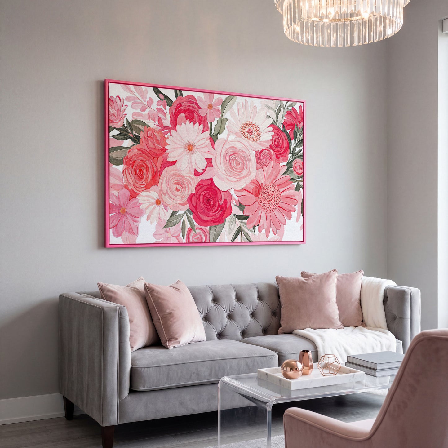Pink Floral Bouquet Canvas in pink floating frame