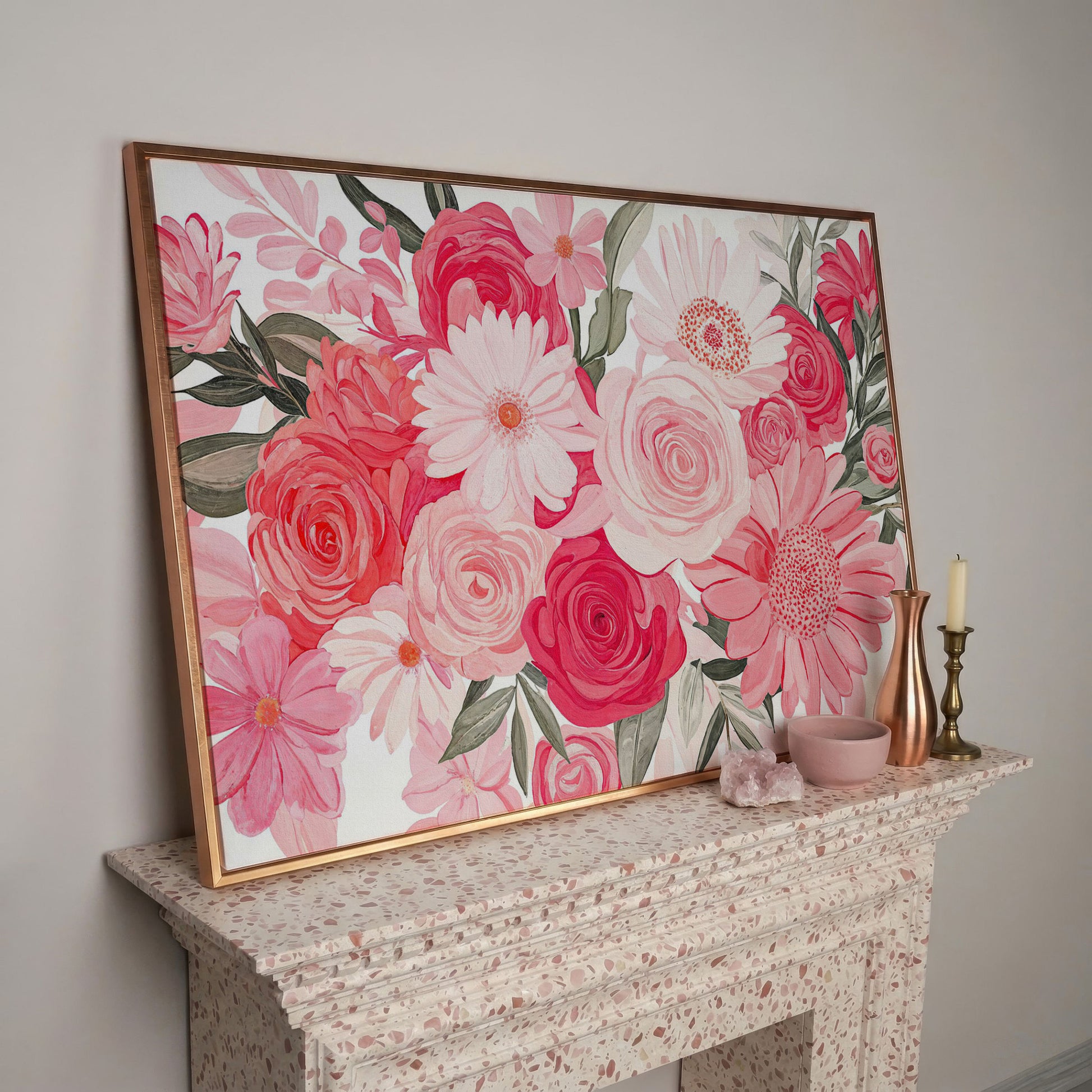 Pink Floral Bouquet Canvas in rose gold floating frame