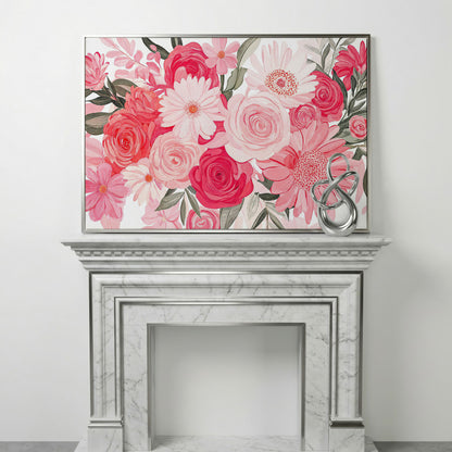 Pink Floral Bouquet Canvas in silver floating frame