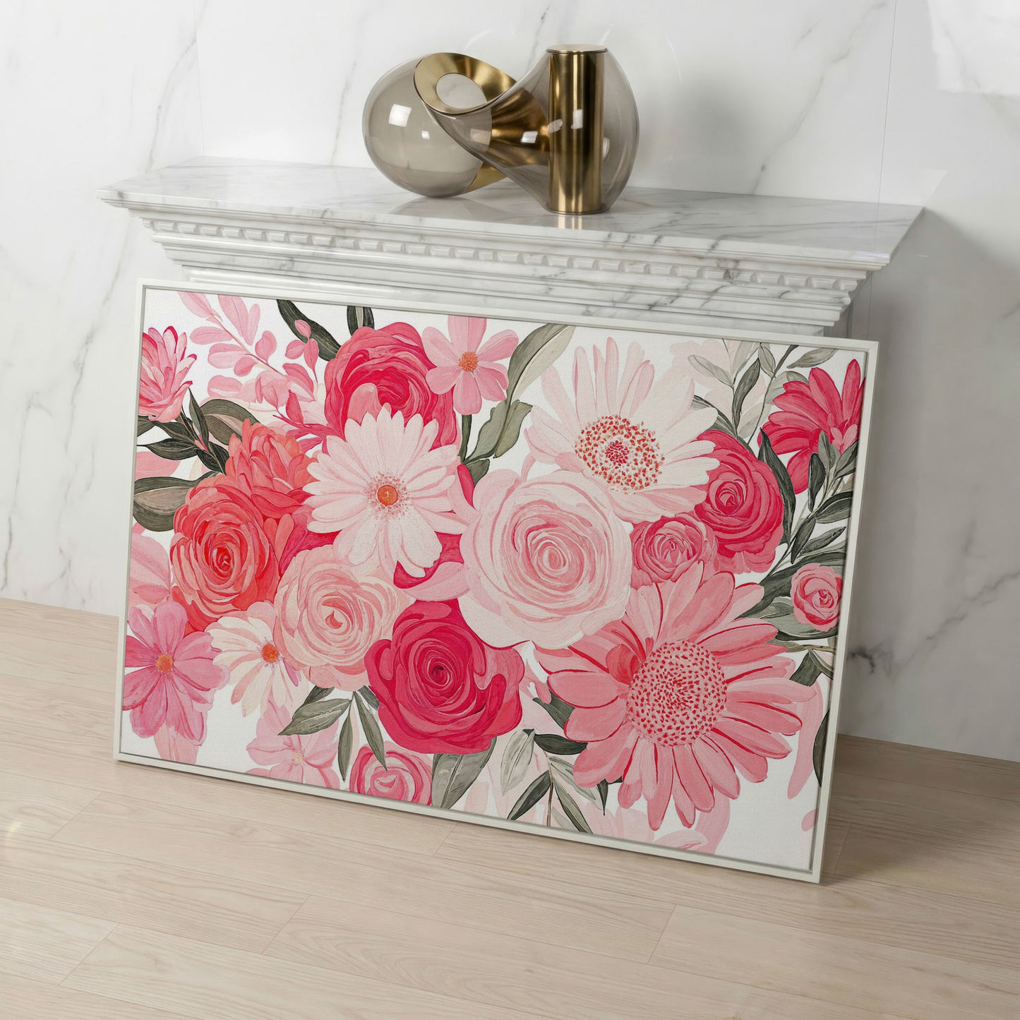 Pink Floral Bouquet Canvas in white floating frame