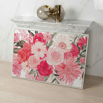Pink Floral Bouquet Canvas in white floating frame