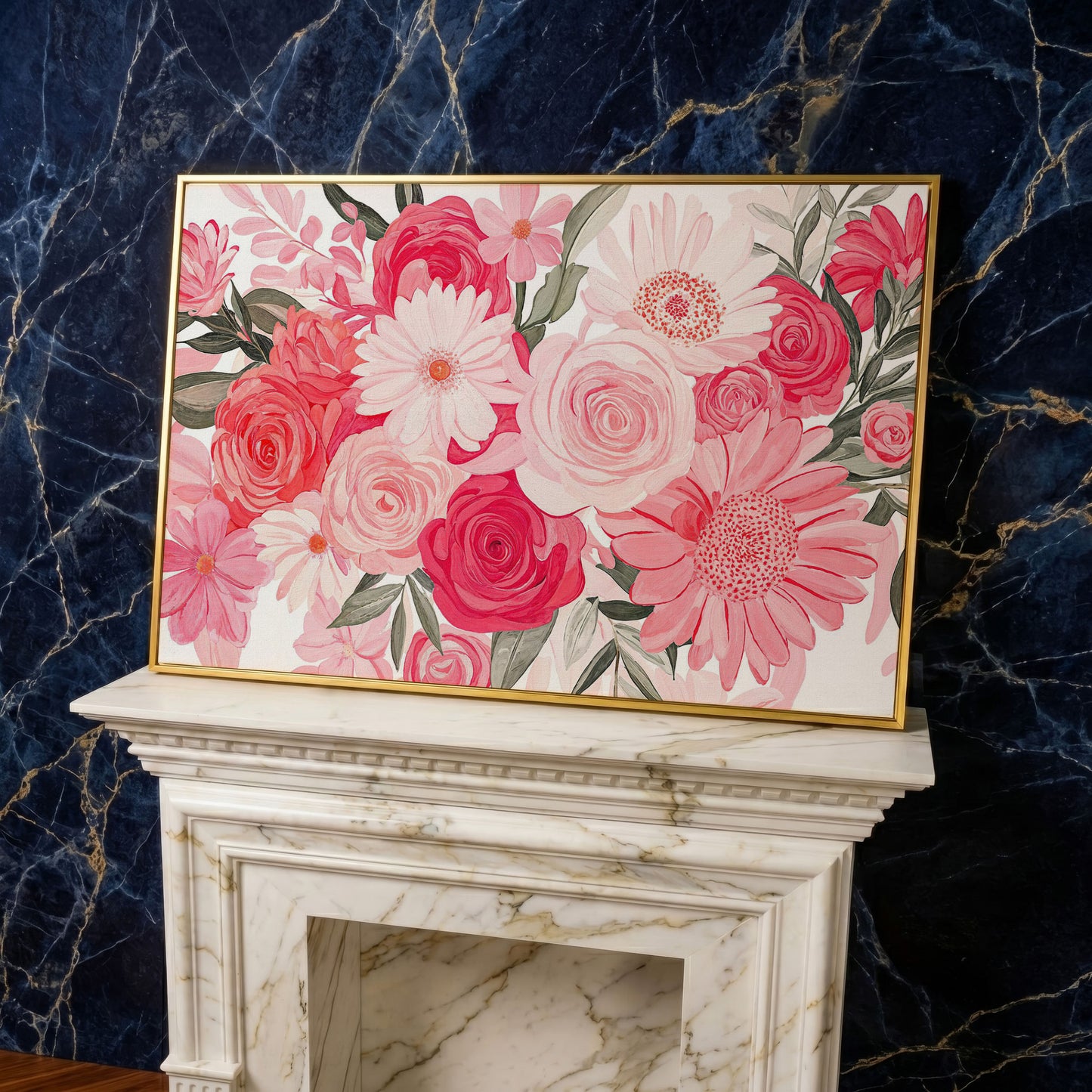 Pink Floral Bouquet Canvas in yellow gold floating frame