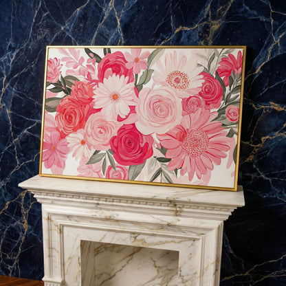 Pink Floral Bouquet Canvas in yellow gold floating frame