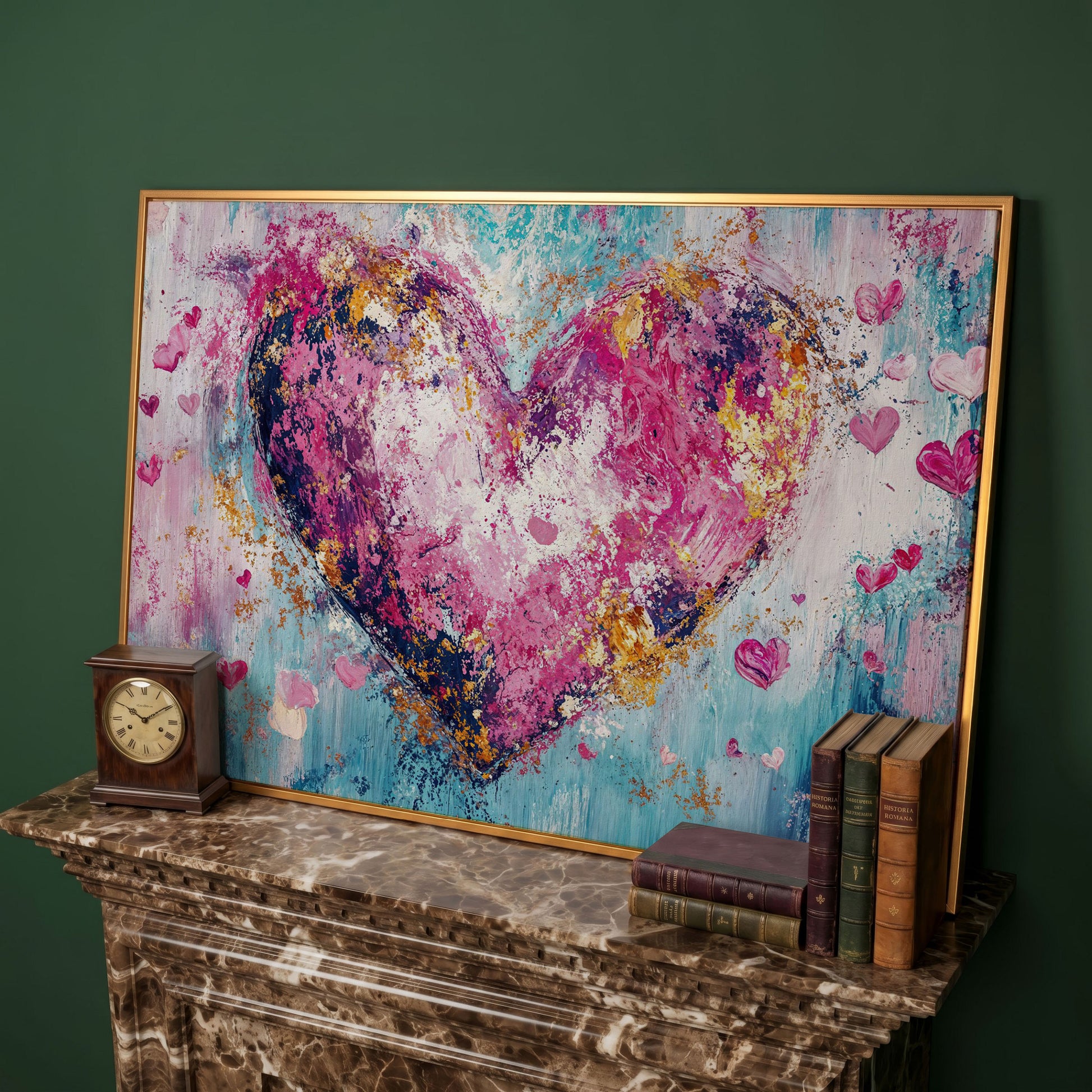 Pink Abstract Heart Canvas Print in antique gold floating frame
