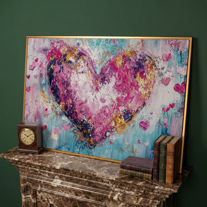 Pink Abstract Heart Canvas Print in antique gold floating frame