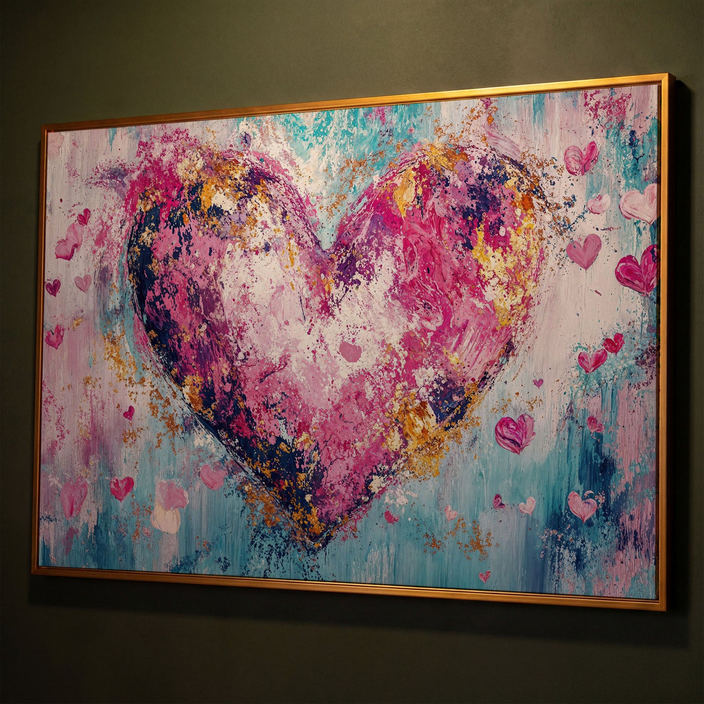 Pink Abstract Heart Canvas Print shown in antique gold floating frame