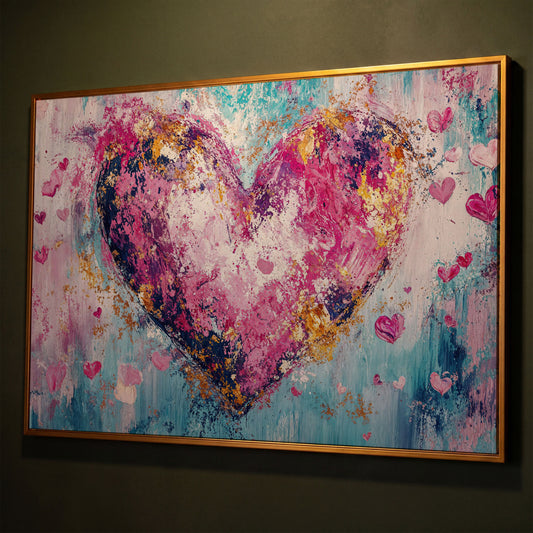 Pink Abstract Heart Canvas Print shown in antique gold floating frame
