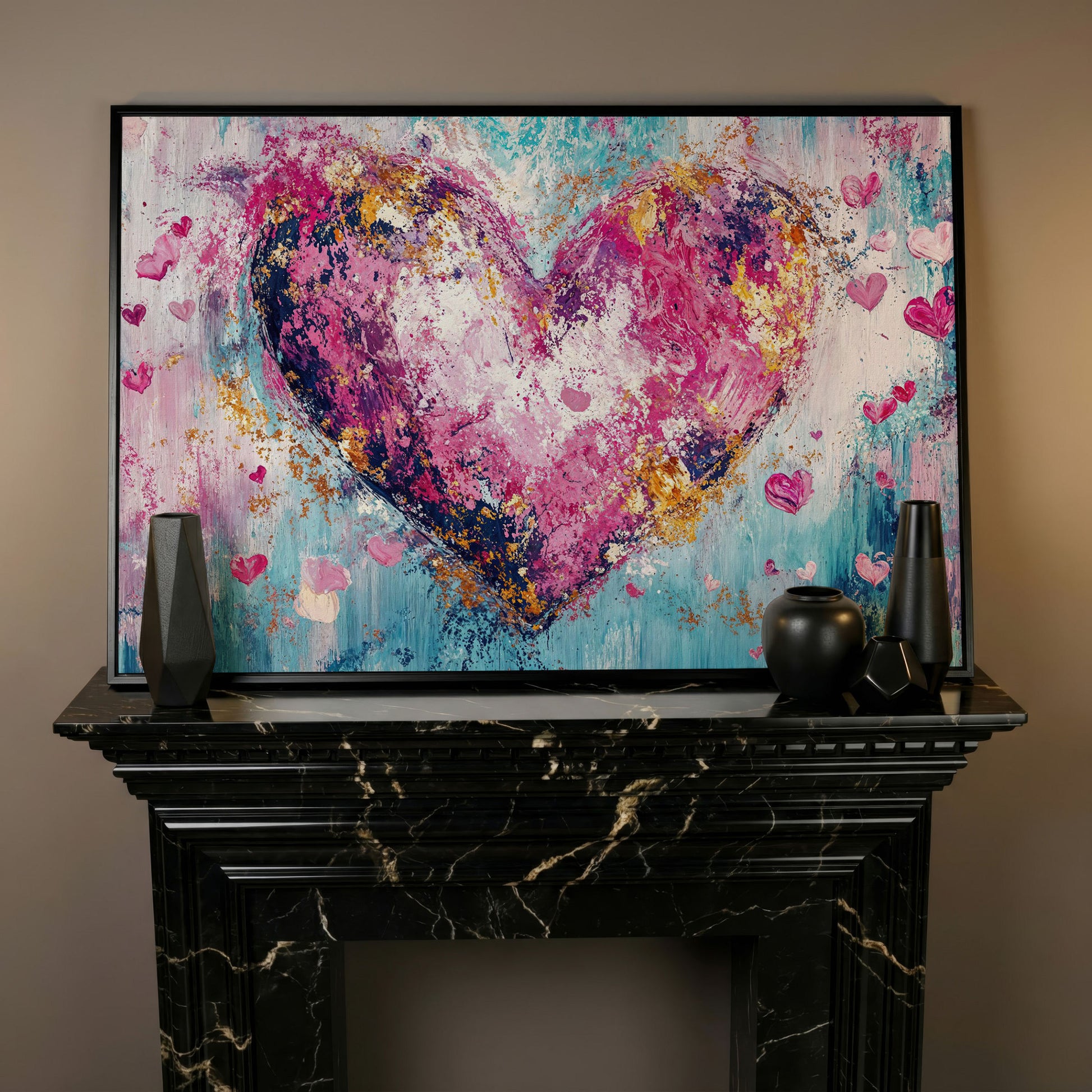 Pink Abstract Heart Canvas Print in black floating frame