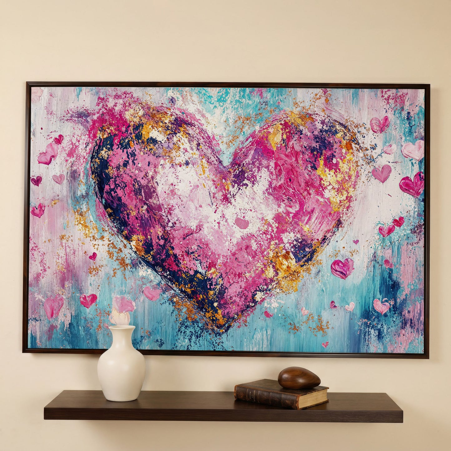 Pink Abstract Heart Canvas Print in dark walnut floating frame