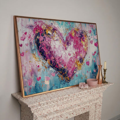 Pink Abstract Heart Canvas Print in rose gold floating frame