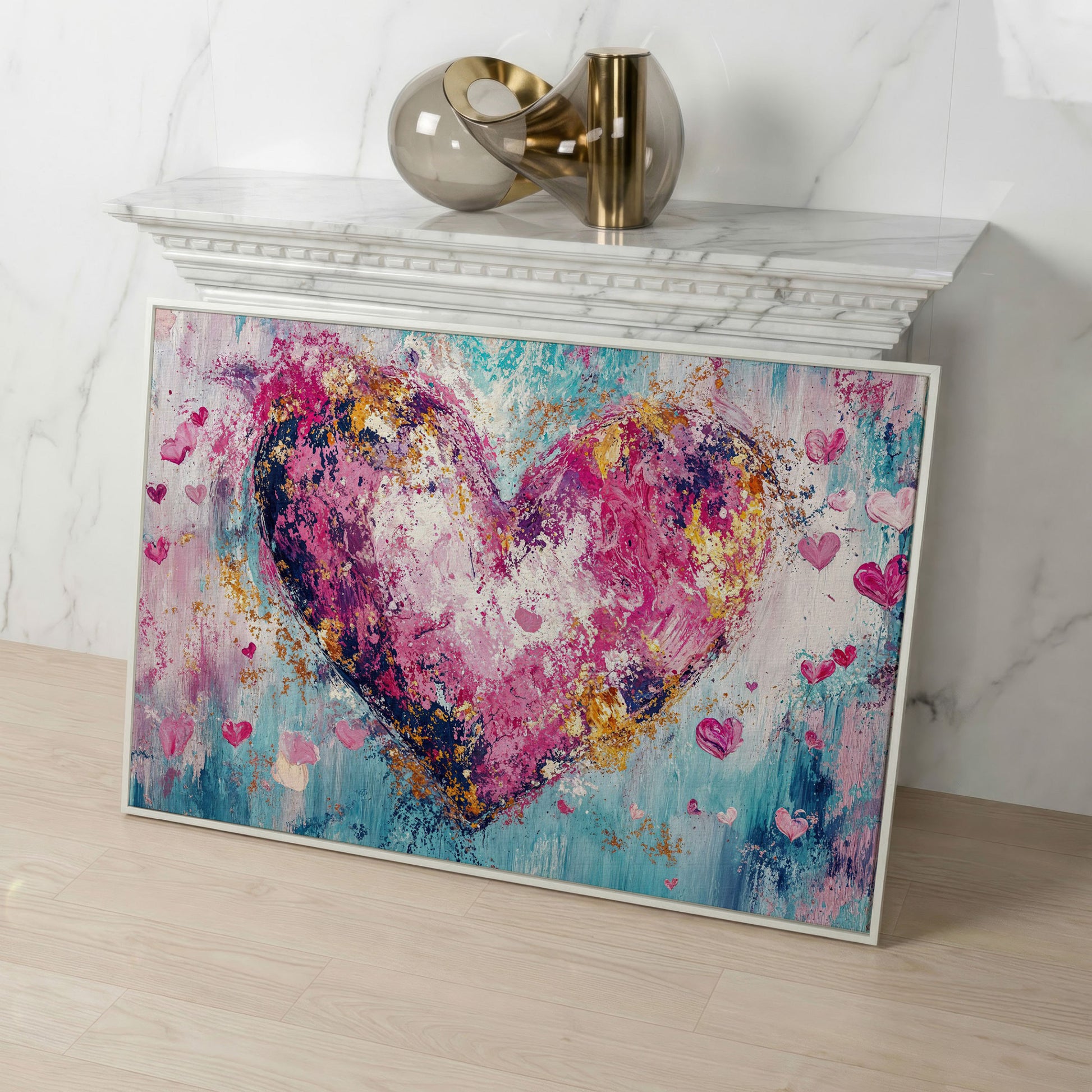 Pink Abstract Heart Canvas Print in white floating frame