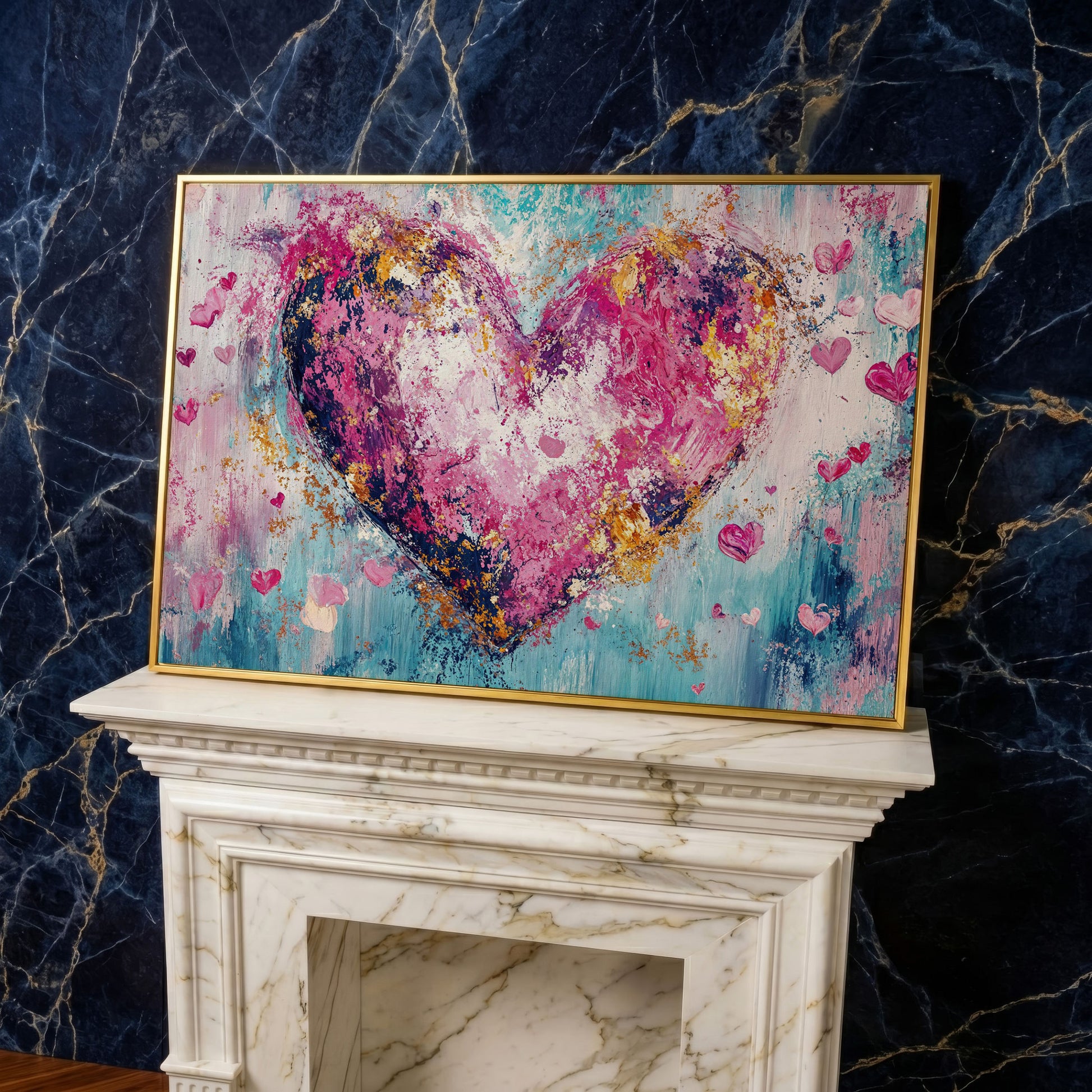 Pink Abstract Heart Canvas Print in yellow gold floating frame