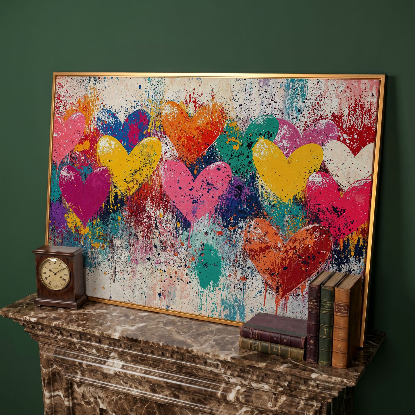 Colorful Hearts Canvas for Couples in antique gold floating frame