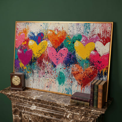 Colorful Hearts Canvas for Couples in antique gold floating frame