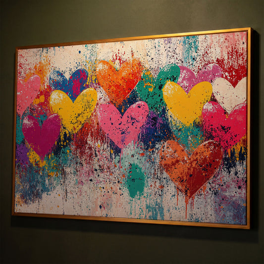 Colorful Hearts Canvas for Couples shown in antique gold floating frame