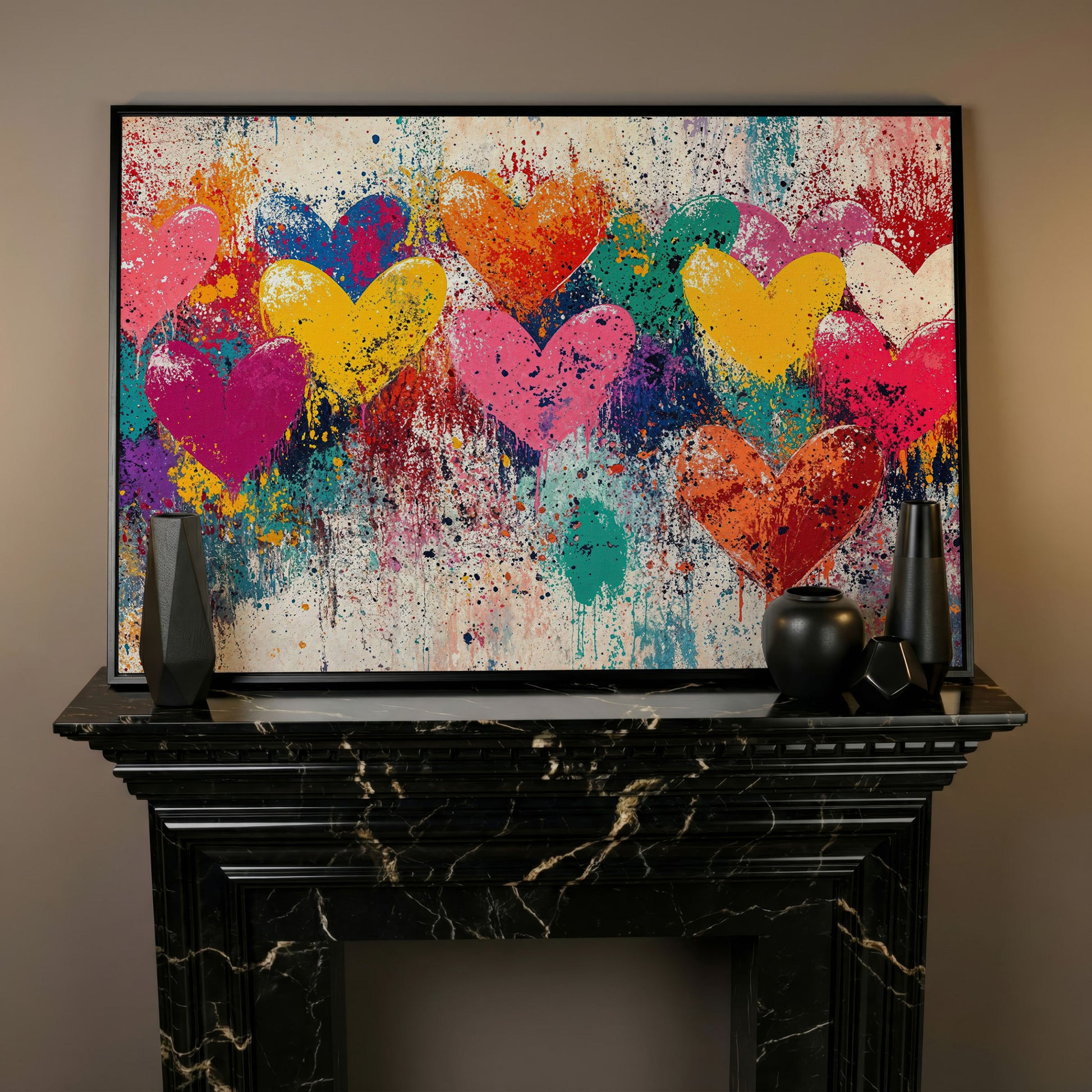 Colorful Hearts Canvas for Couples in black floating frame