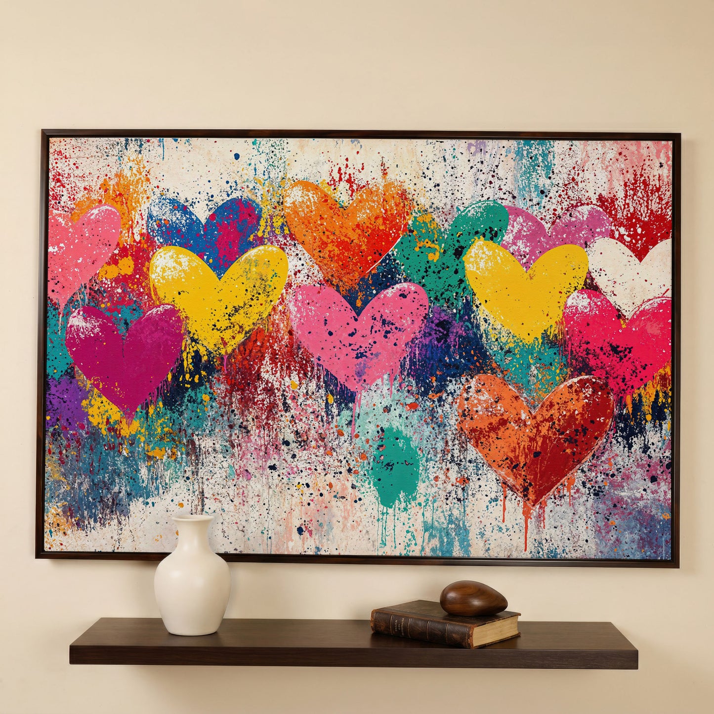 Colorful Hearts Canvas for Couples in dark walnut floating frame
