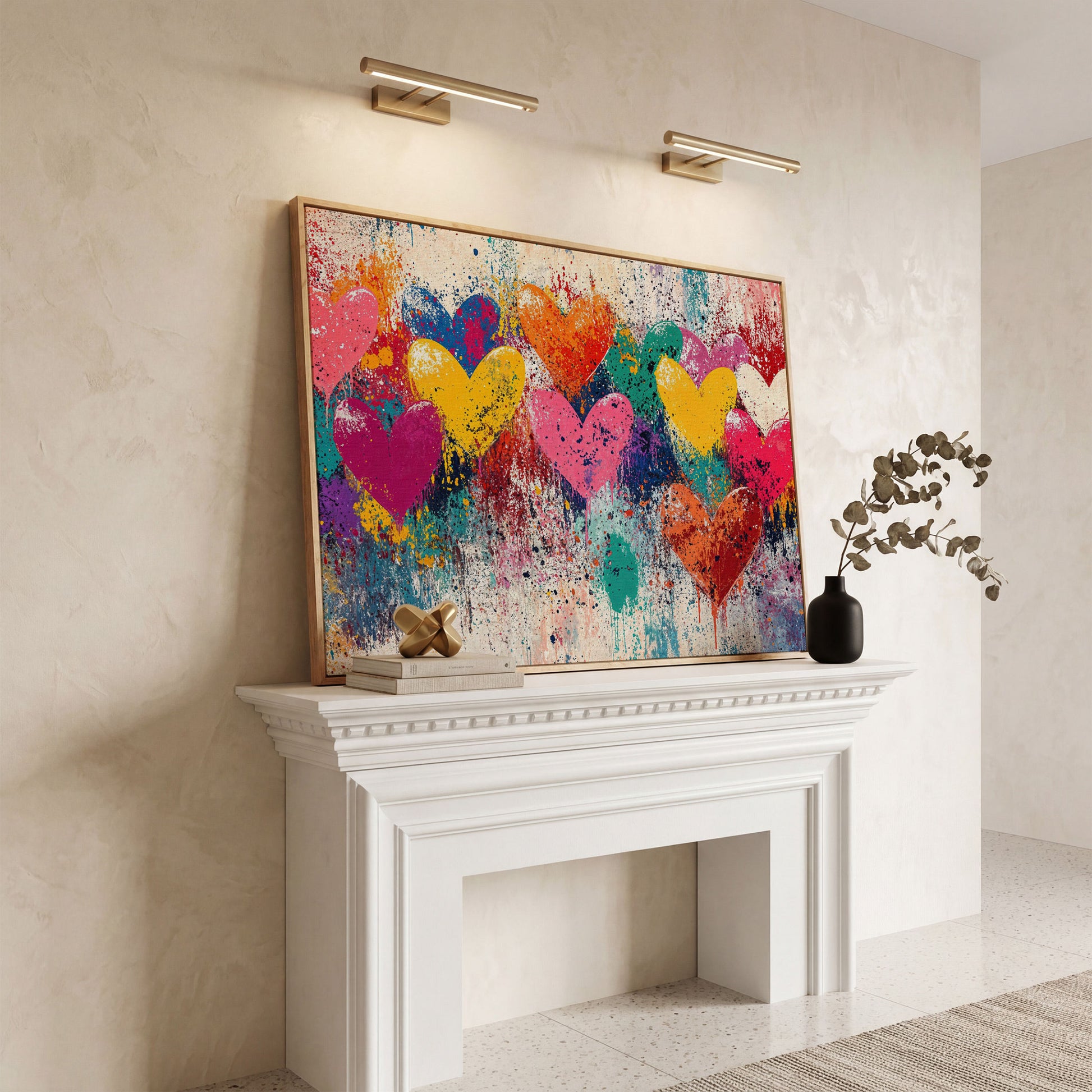 Colorful Hearts Canvas for Couples in white oak floating frame