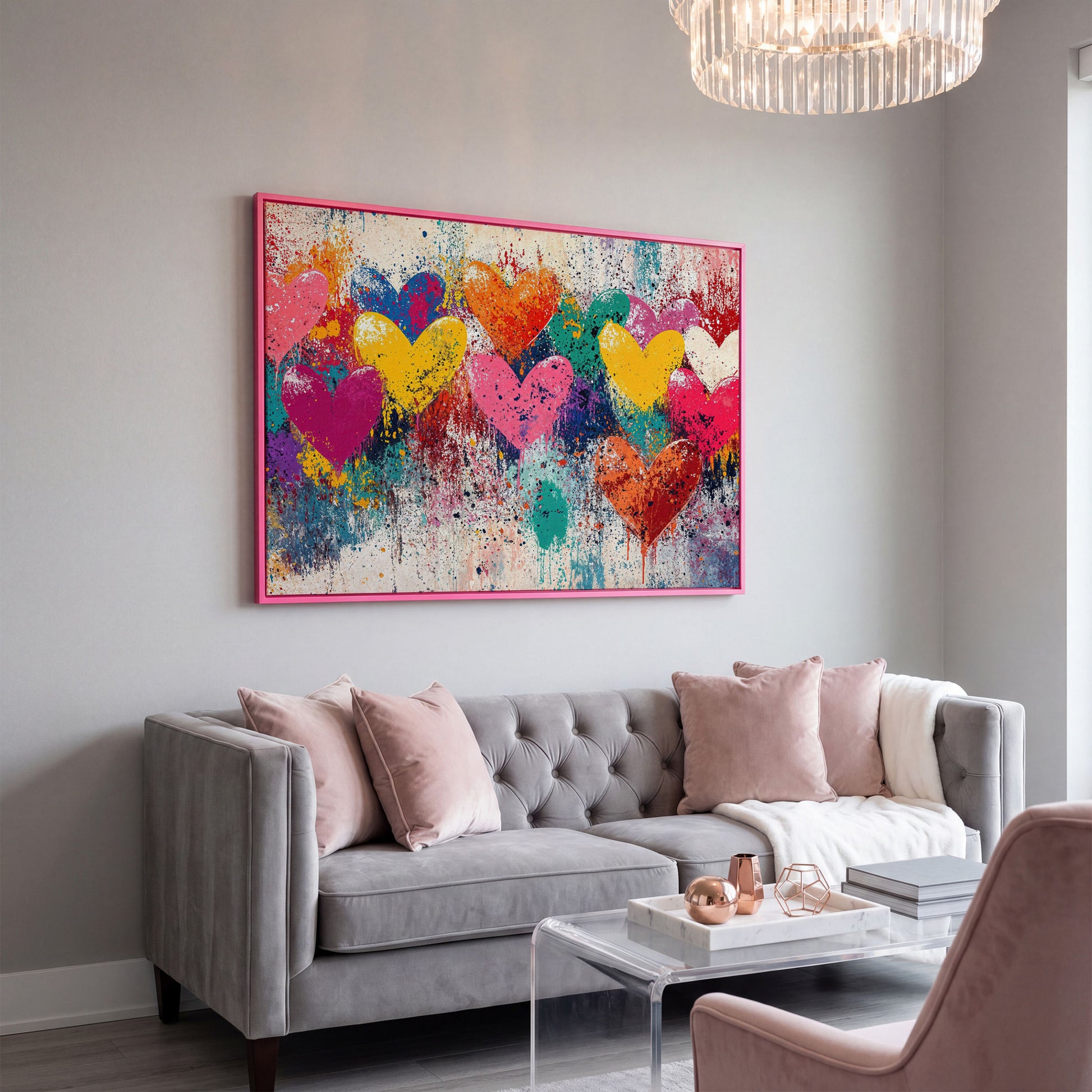 Colorful Hearts Canvas for Couples in pink floating frame