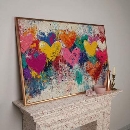 Colorful Hearts Canvas for Couples in rose gold floating frame