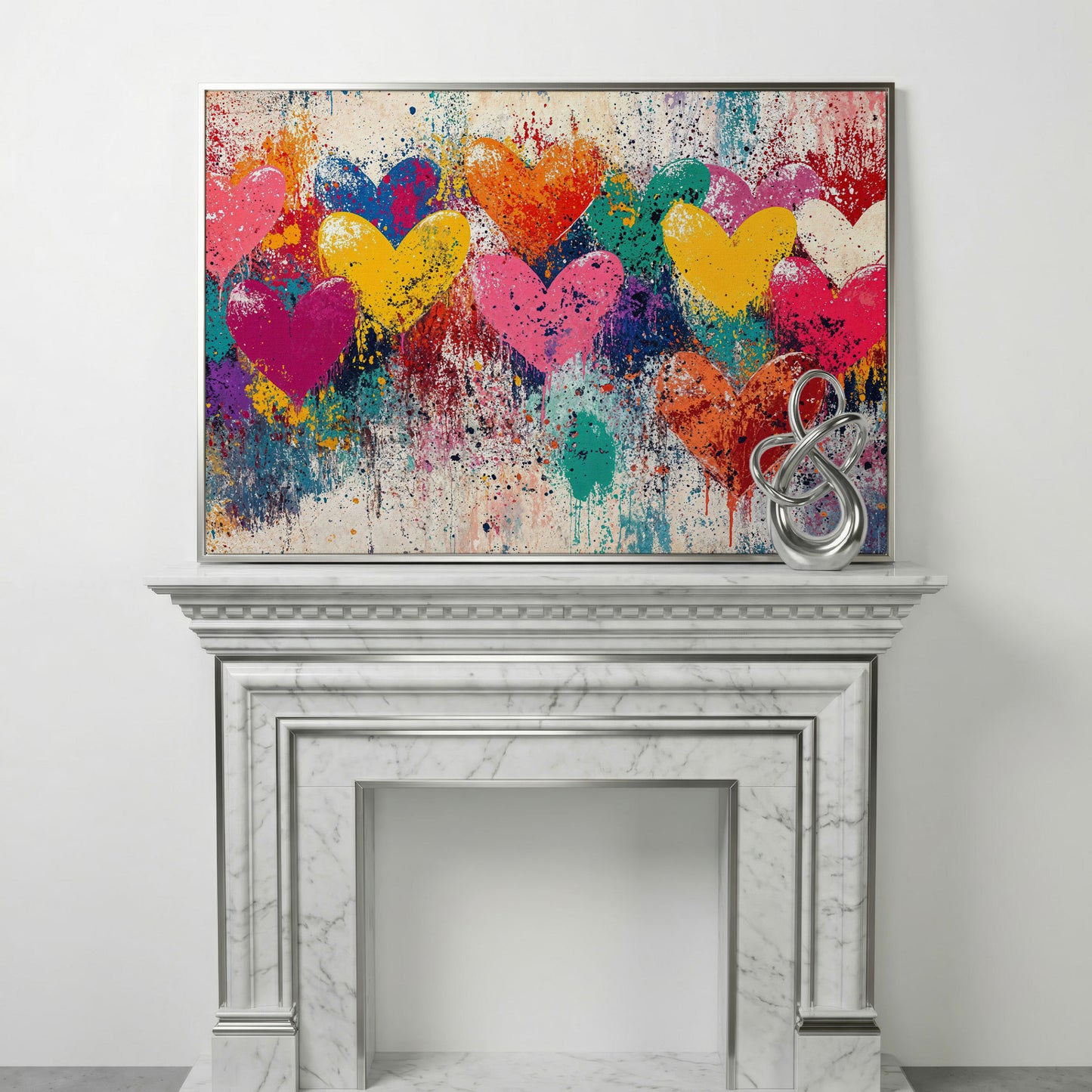 Colorful Hearts Canvas for Couples in silver floating frame