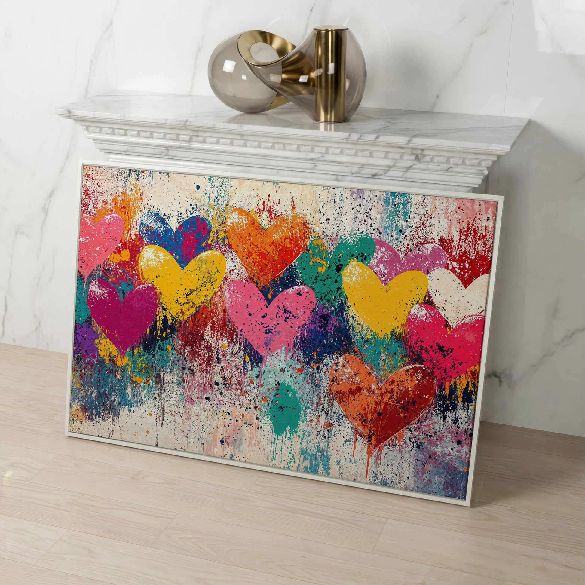 Colorful Hearts Canvas for Couples in white floating frame