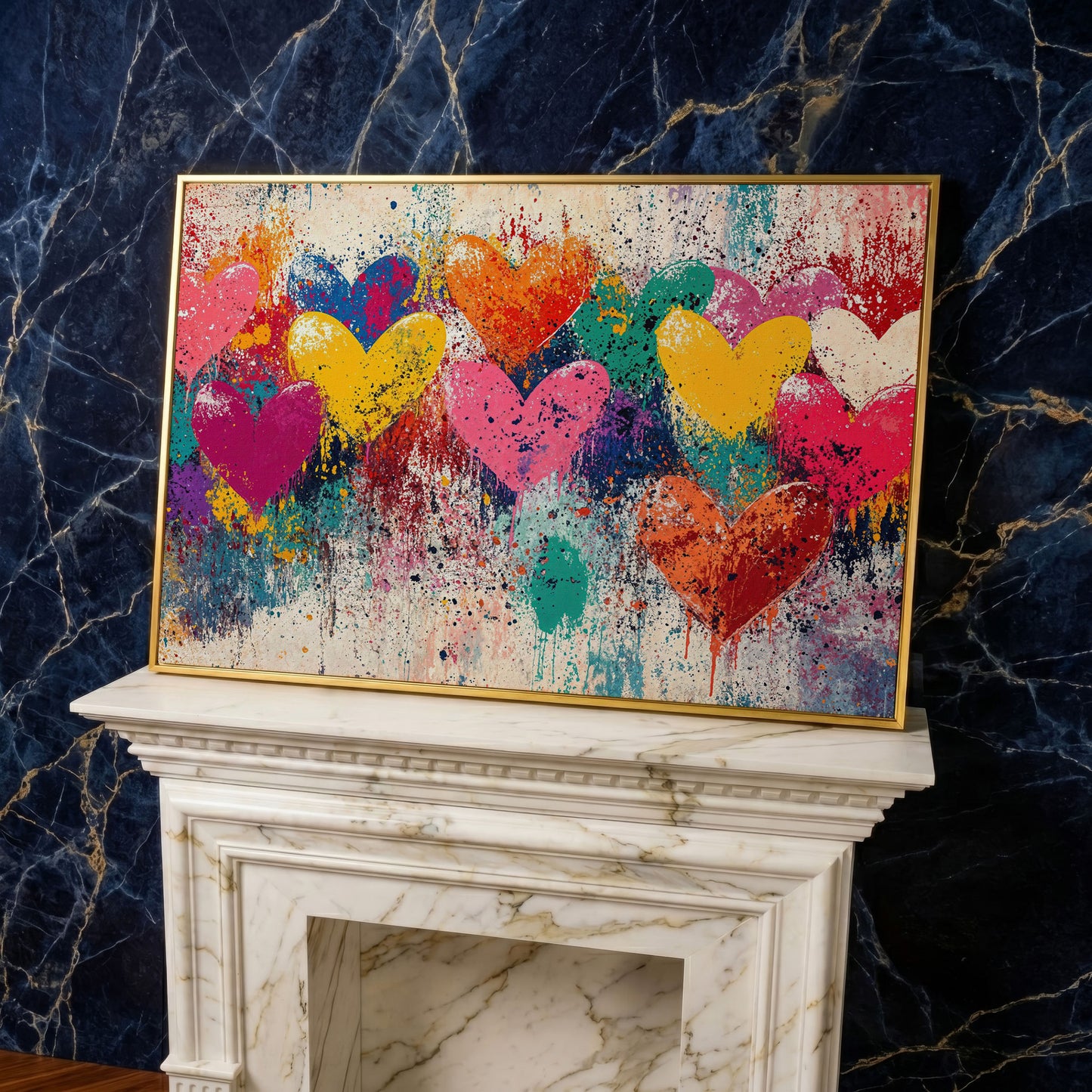 Colorful Hearts Canvas for Couples in yellow gold floating frame
