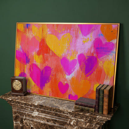 Pink & Orange Hearts Canvas Wall Art in antique gold floating frame