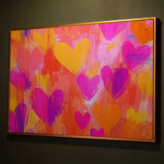 Pink & Orange Hearts Canvas Wall Art shown in antique gold floating frame