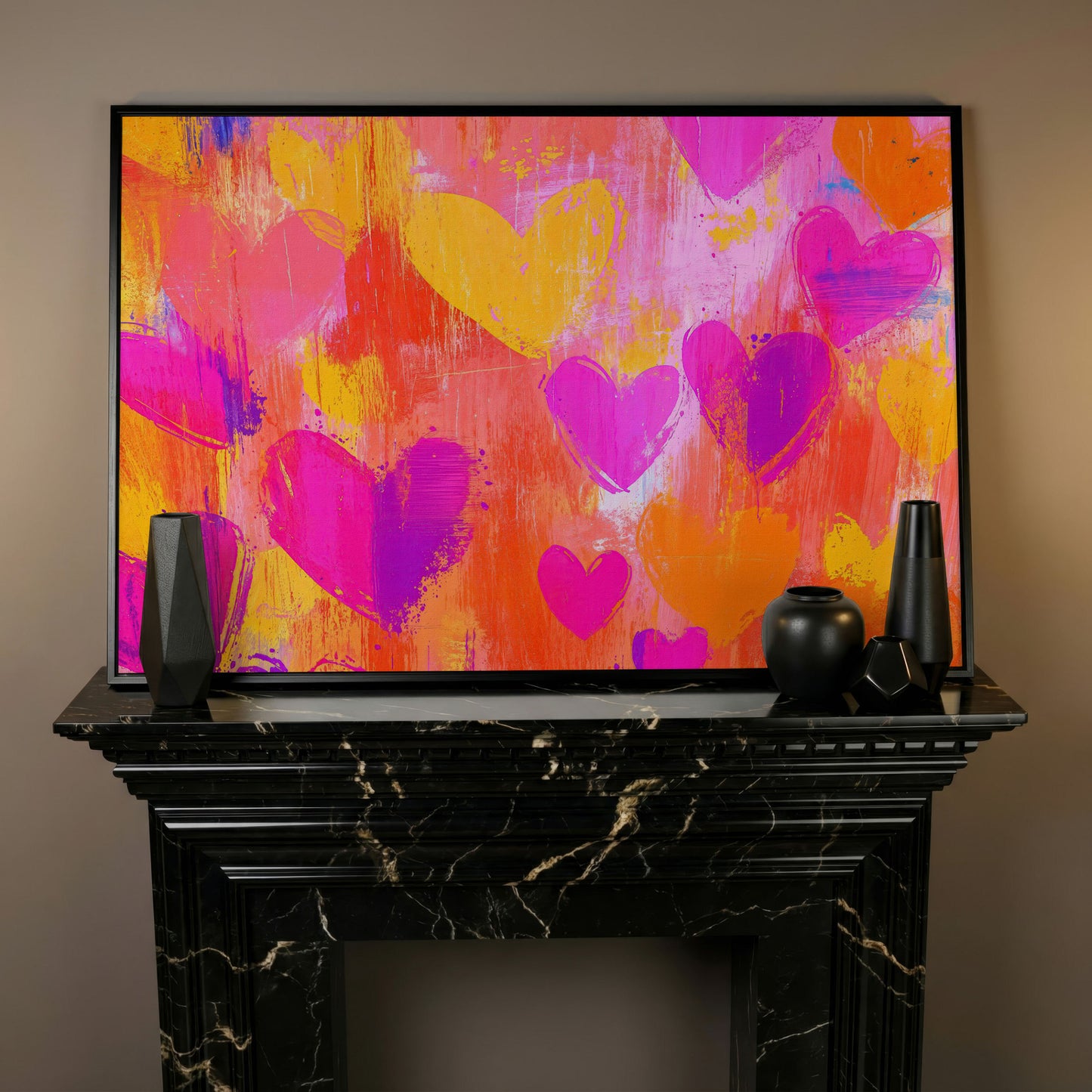 Pink & Orange Hearts Canvas Wall Art in black floating frame