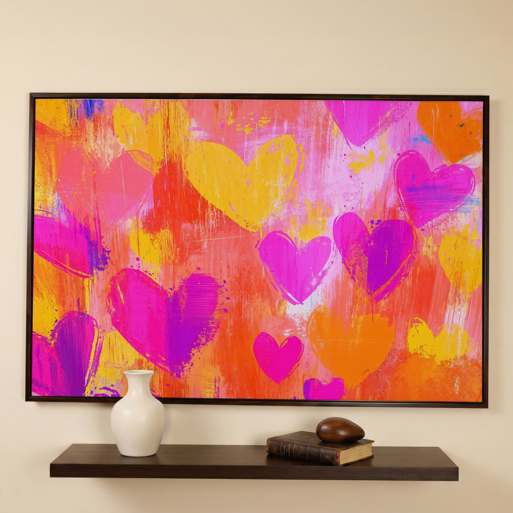 Pink & Orange Hearts Canvas Wall Art in dark walnut floating frame