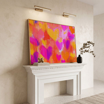 Pink & Orange Hearts Canvas Wall Art in white oak floating frame