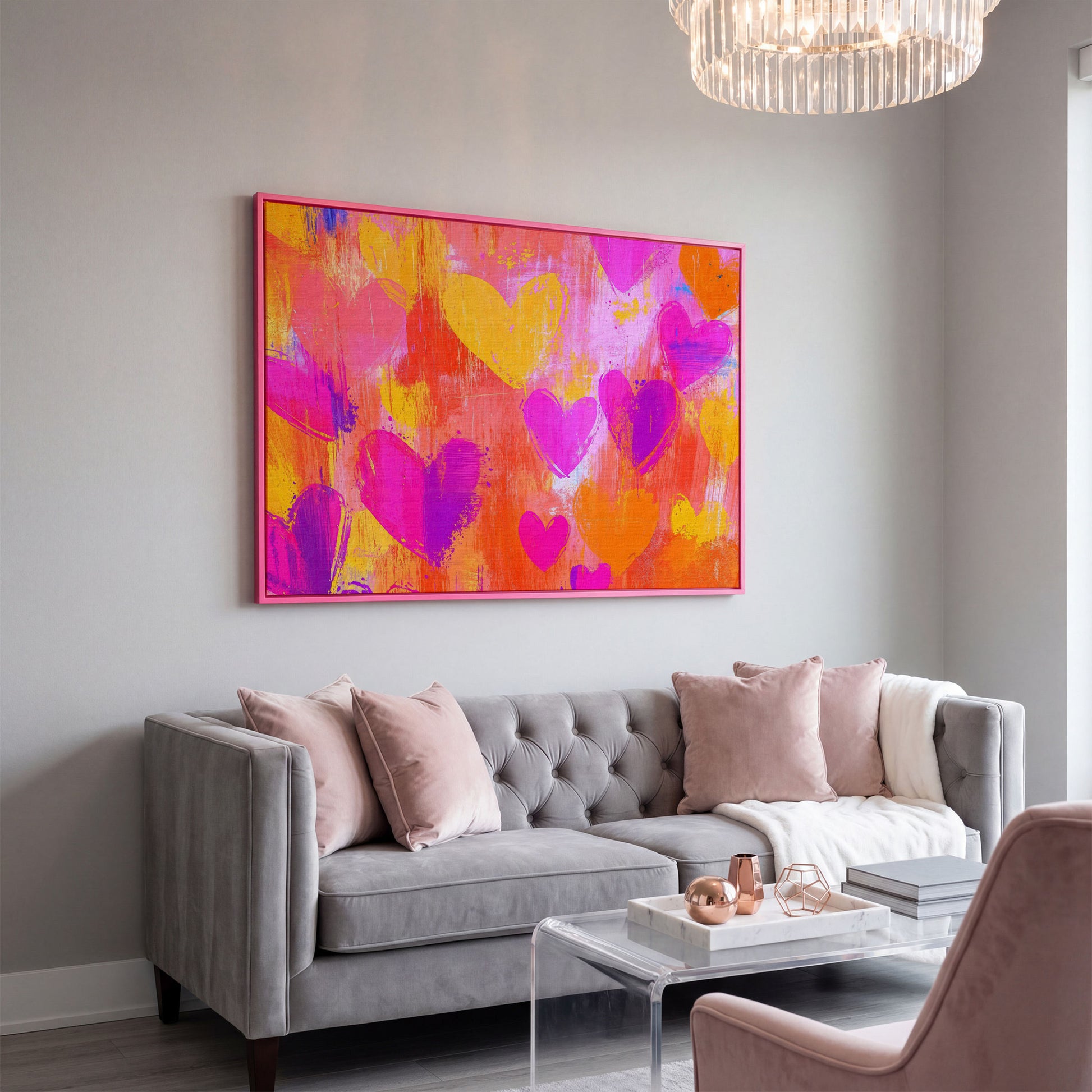 Pink & Orange Hearts Canvas Wall Art in pink floating frame