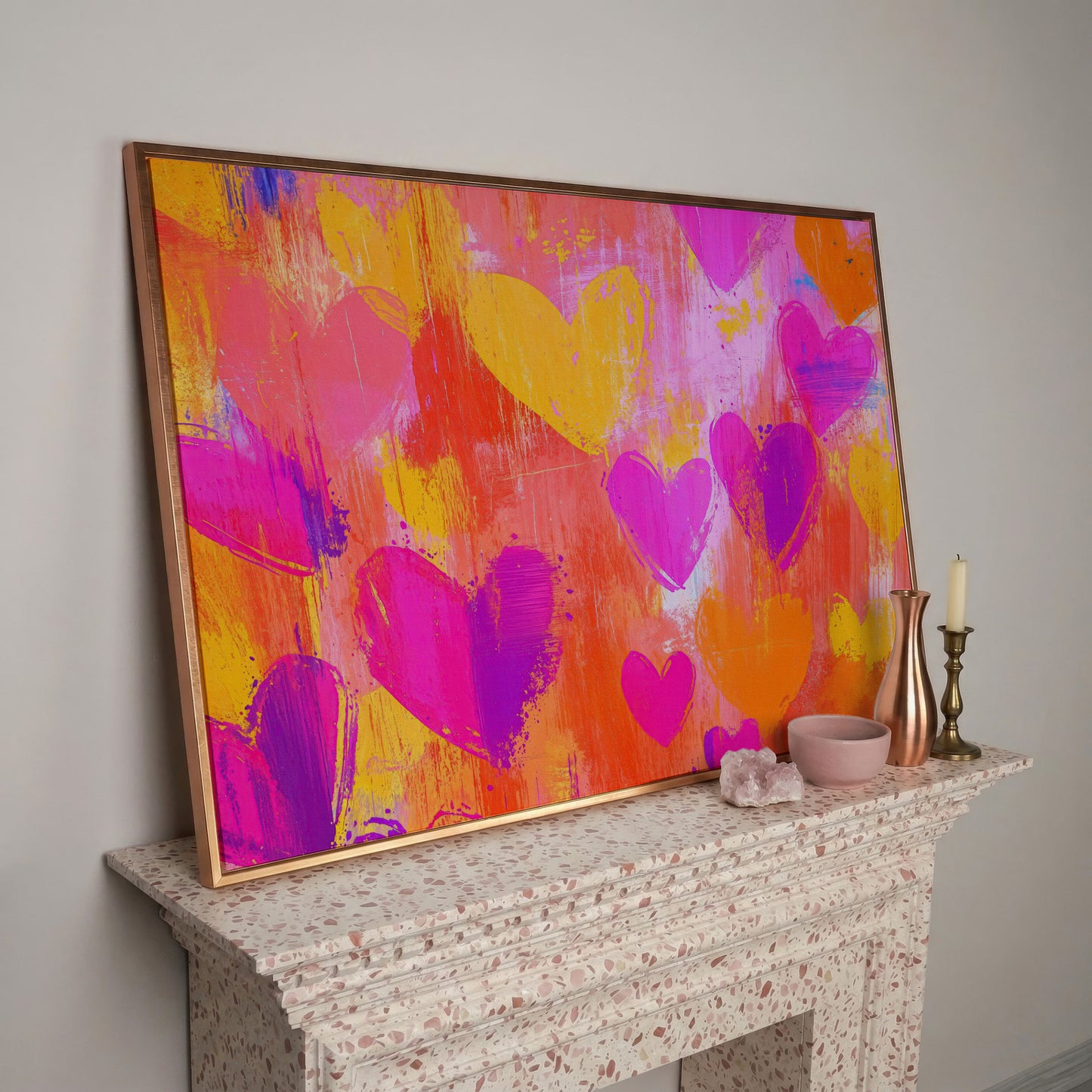 Pink & Orange Hearts Canvas Wall Art in rose gold floating frame