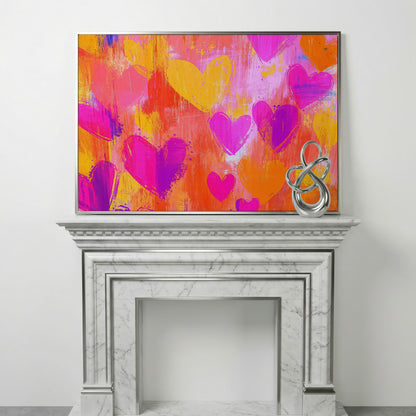 Pink & Orange Hearts Canvas Wall Art in silver floating frame