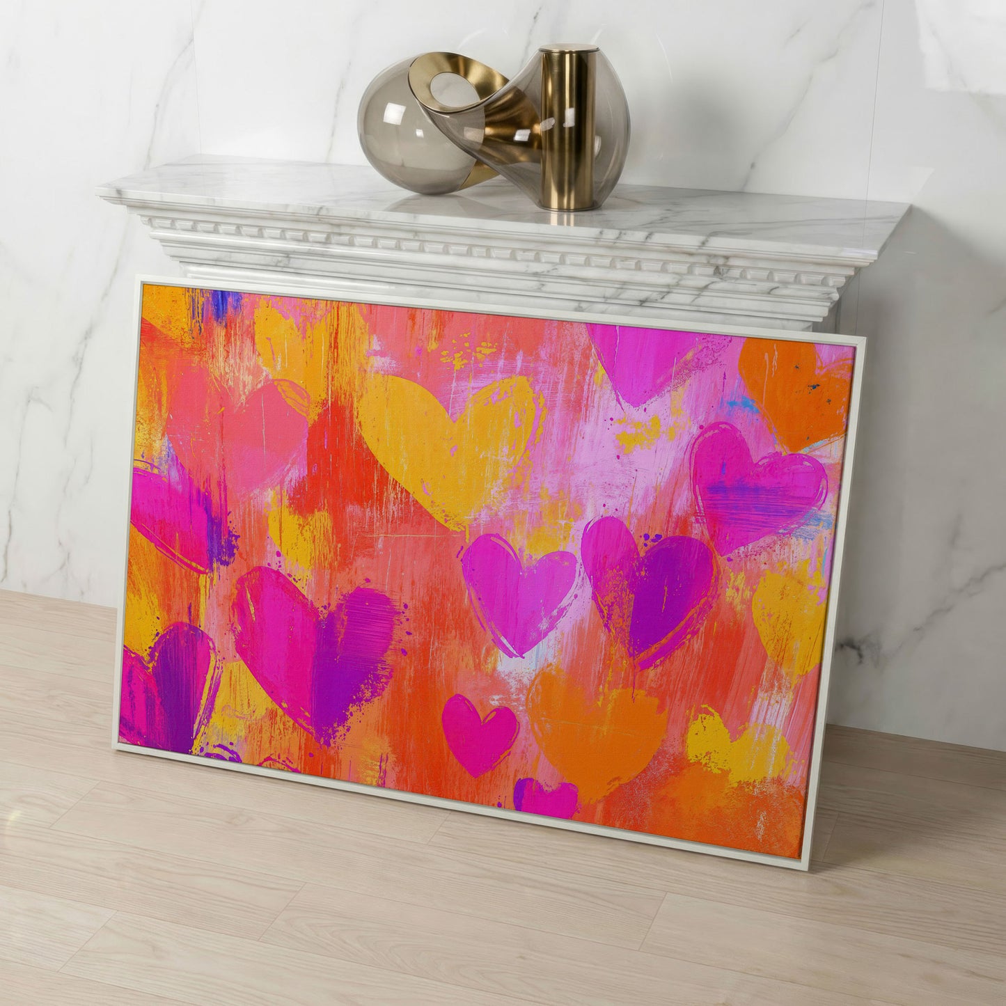 Pink & Orange Hearts Canvas Wall Art in white floating frame