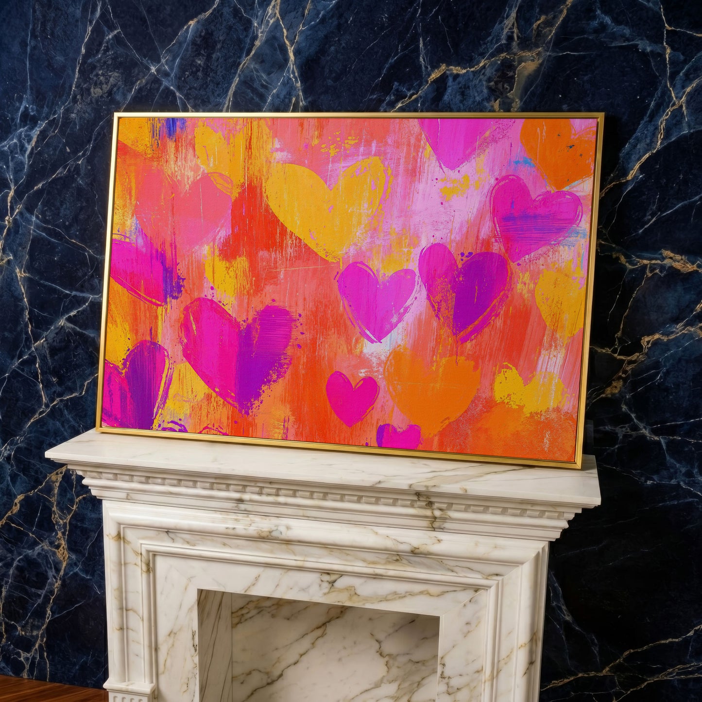 Pink & Orange Hearts Canvas Wall Art in yellow gold floating frame